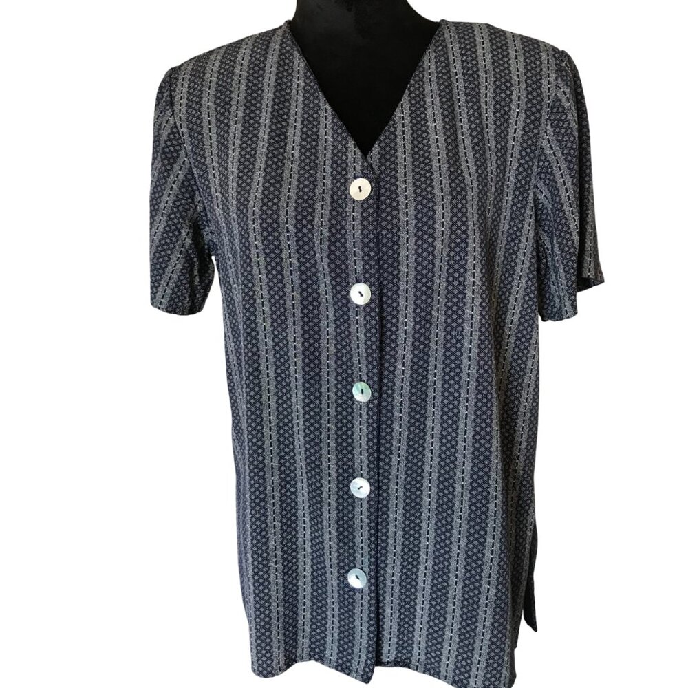 Natural Resources Button-Down Tunic Vintage 70s, Navy Geometric Blouse Size M